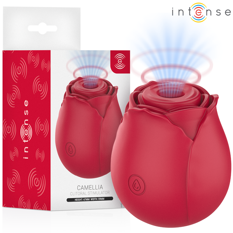 Intense Camellia clitoral stimulator in red silicone with its packaging, shown with blue signal graphics and brand logo above left to right.