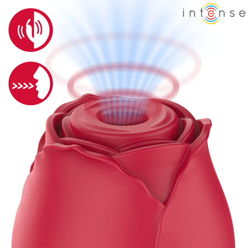 Red rose-shaped vibrator with a central opening, emitting blue radiating energy from the tip; Intense logo in the top-right corner.