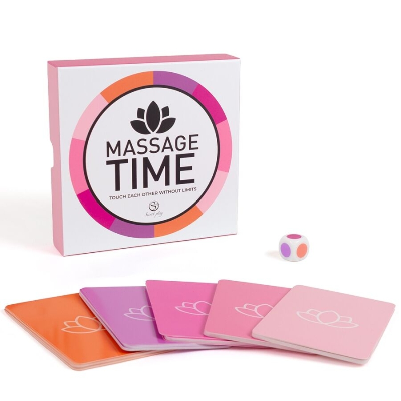 Massage Time card game box with pastel cards fanned out and a small colorful die nearby.