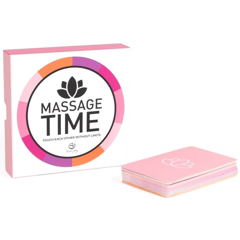 Box labeled Massage Time with a colorful circular border and a stack of pink cards beside it.