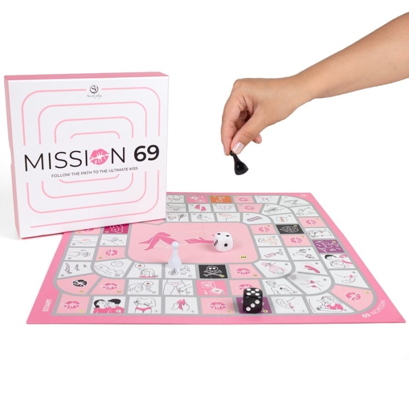 Boxed adult party game 'Mission 69' with a pink game board, dice, and a hand placing a black game piece on the board.