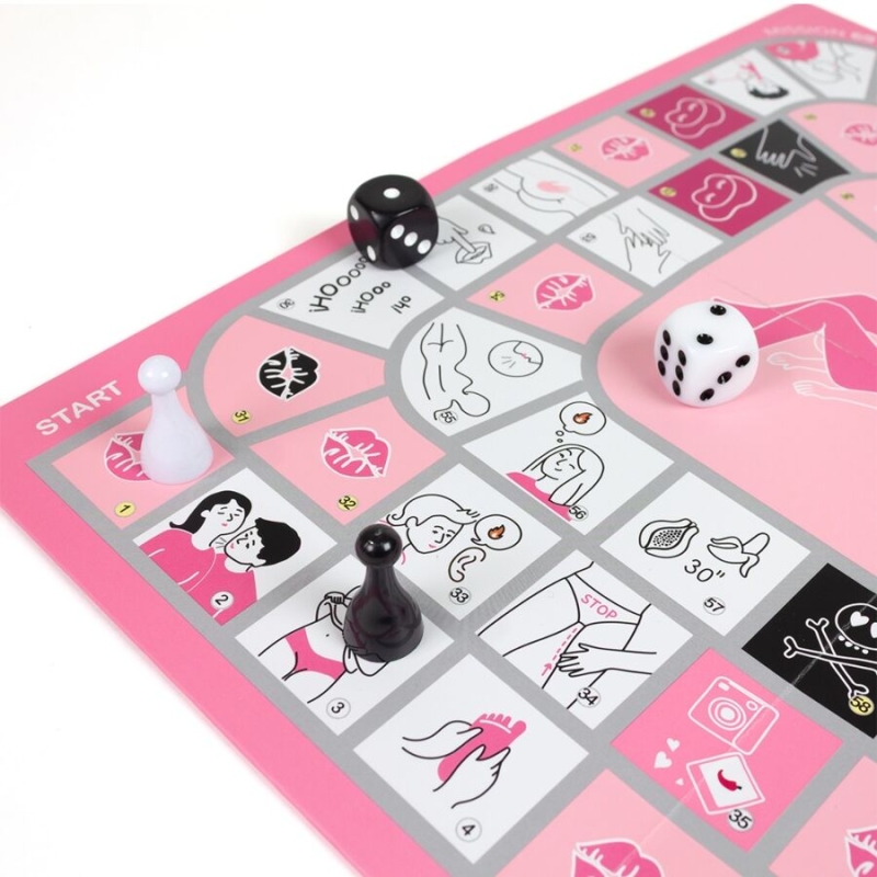 Pink board game with Start square, dice, and pawns; illustrated relationship-themed cards on grid tiles.