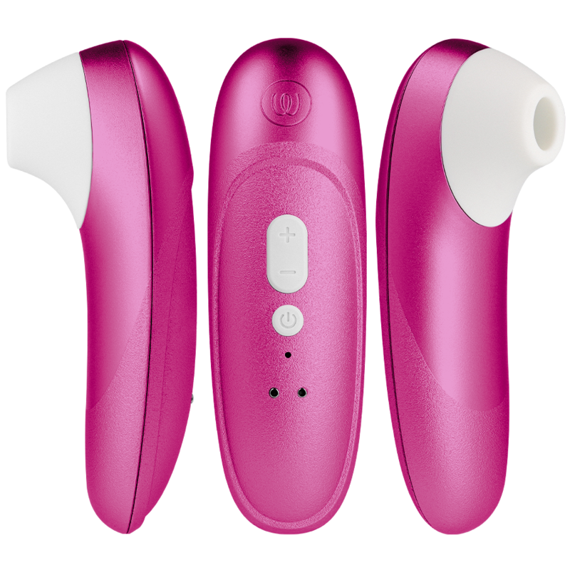 Pink cordless vibrator shown from three angles with a central control panel and white tips on each end.