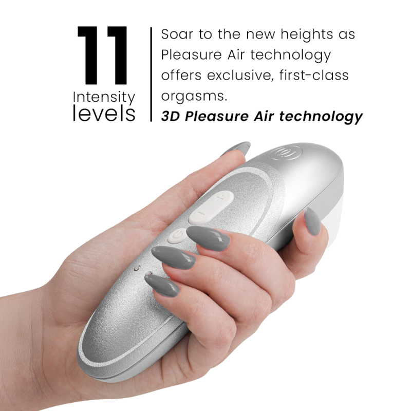 Hand holding a silver handheld sex toy with control buttons; highlights 11 intensity levels and 3D Pleasure Air technology.