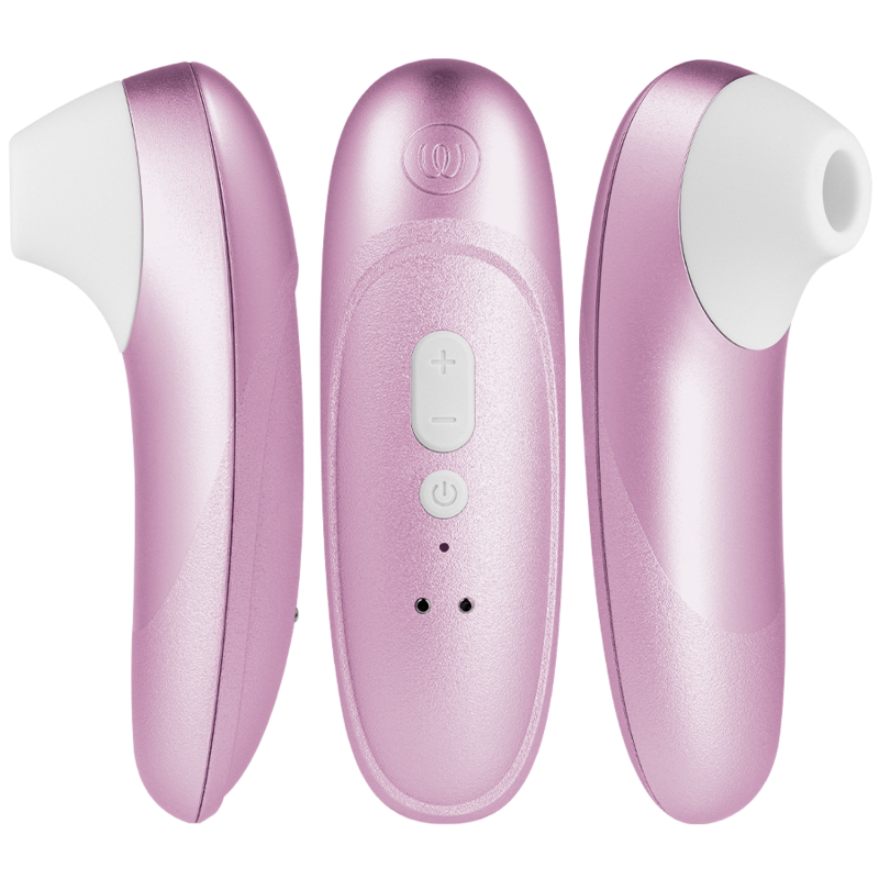 Pink three-piece personal massager with dual curved ends and a central control unit with plus/minus buttons.