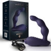 Purple silicone vibrator with curved two-prong shape and USB charging cable next to its navy box packaging for NOVA DOMINION ROCKS OFF line package art,