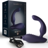 Purple silicone vibrator with curved shaft and textured ridges, shown with its dark box and USB charging cable.