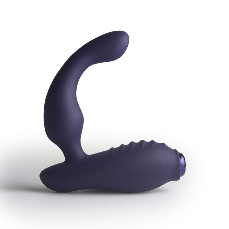 Purple curved silicone vibrator with a textured base resting on a white surface, designed for sexual pleasure.