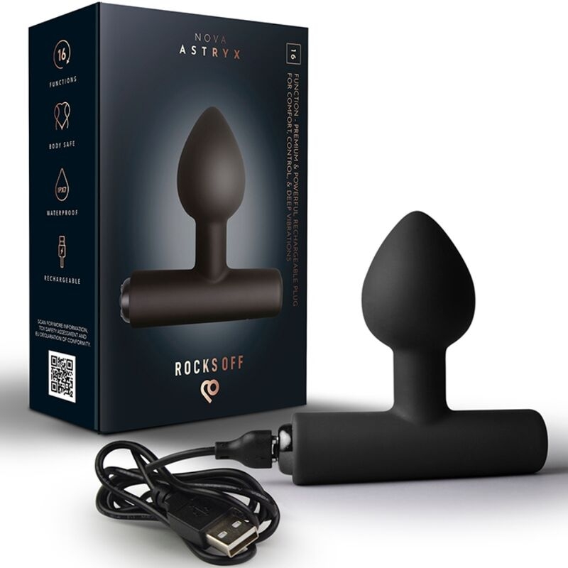 Silicone butt plug with a T-bar, shown with a charging cable and dark product box labeled RockOff and Nova Astryx.