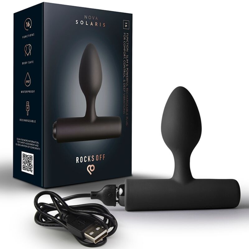 Rechargeable black silicone butt plug with a curved ergonomic bulb and flared base, shown with its dark retail box and USB charger.