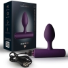 Purple silicone vibrator with a bulbous head and T-bar base, shown with its dark packaging and USB charging cable.