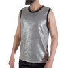 Man wearing a sleeveless metallic silver tank top with black trim, standing in a neutral pose