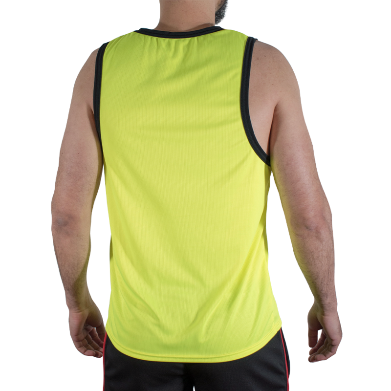Back view of a man wearing a bright yellow sleeveless athletic jersey with black trim, paired with dark shorts.