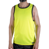 Man wearing a neon yellow sleeveless athletic jersey with black trim, standing against a white background.