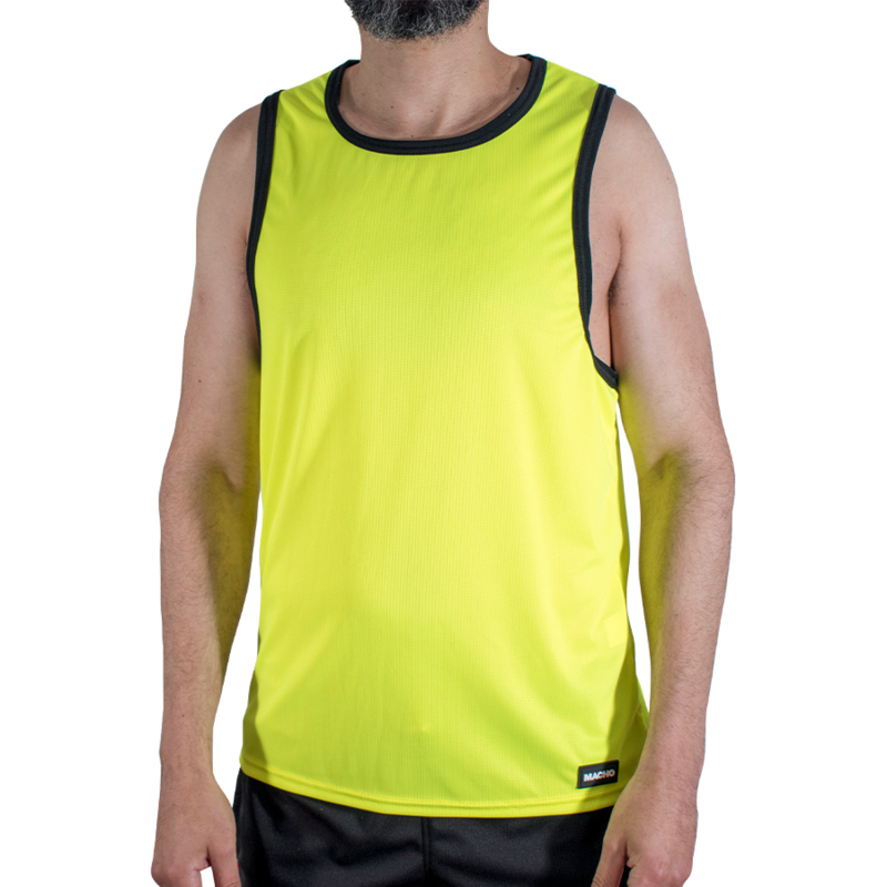 Man wearing a neon yellow sleeveless athletic jersey with black trim, standing against a white background.