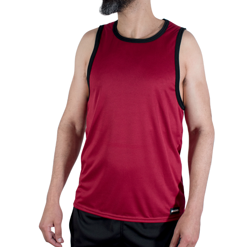 Man wearing a red sleeveless athletic jersey with black trim on the neck and armholes, standing against a white background.