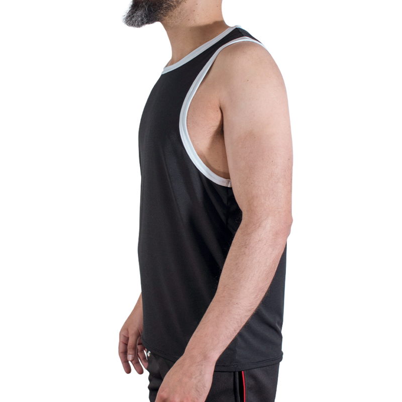 Side view of an adult man wearing a black sleeveless athletic tank top with light gray trim on the armholes and neckline.