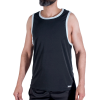 Man wearing a black sleeveless athletic tank top with light blue trim on the neckline and armholes.