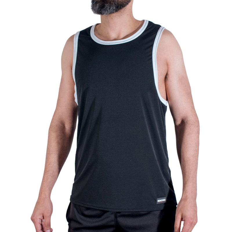 Man wearing a black sleeveless athletic tank top with light blue trim on the neckline and armholes.