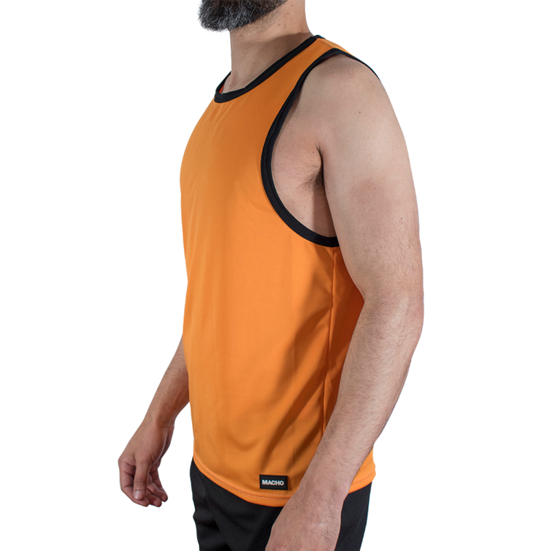 Side view of a man wearing an orange sleeveless athletic jersey with black trim on the neckline and armholes.