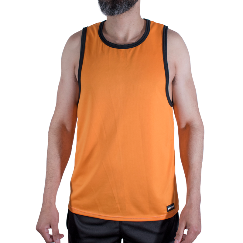 Man wearing an orange sleeveless athletic jersey with black trim on the neckline and armholes