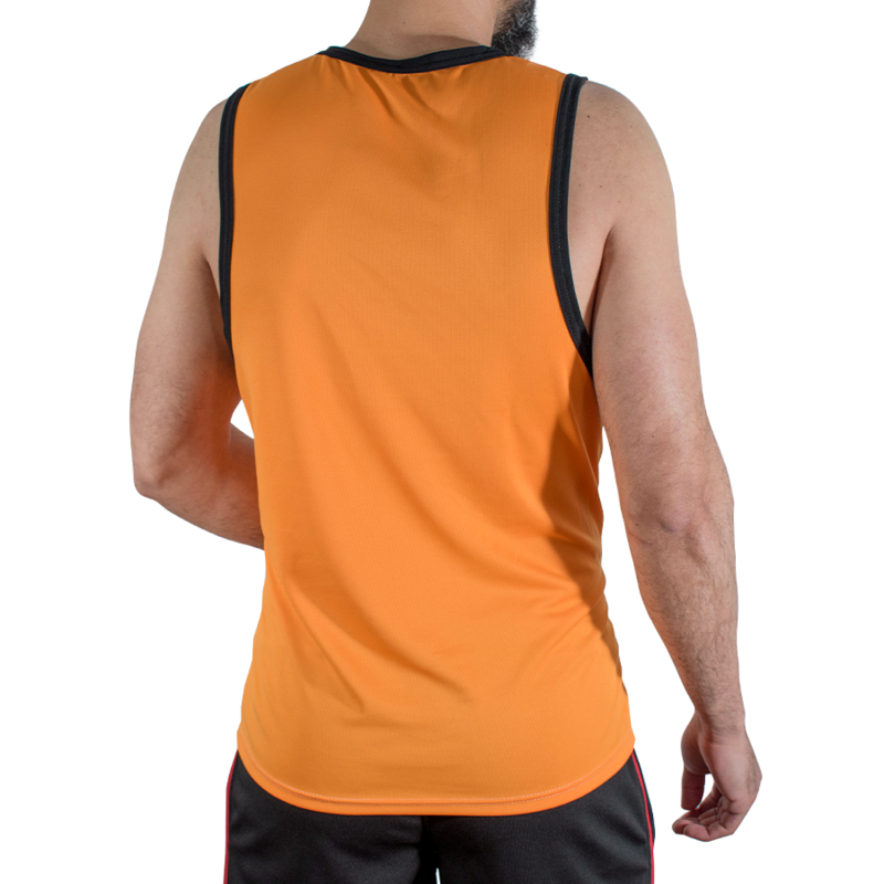 img_224772_1887352046f20aa8a668dcfae64add88_1png - Sex Shop | Lodia.gr - 100% Διακριτική Και Παράδοση με courier της επιλογή σας Back view of a person wearing an orange sleeveless athletic jersey with black trim, paired with black shorts with red piping.