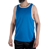 Man wearing a blue sleeveless basketball jersey with white trim and black shorts on a neutral background.