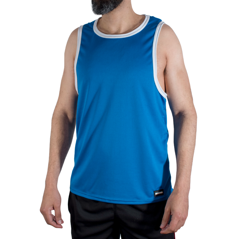 Man wearing a blue sleeveless basketball jersey with white trim and black shorts on a neutral background.
