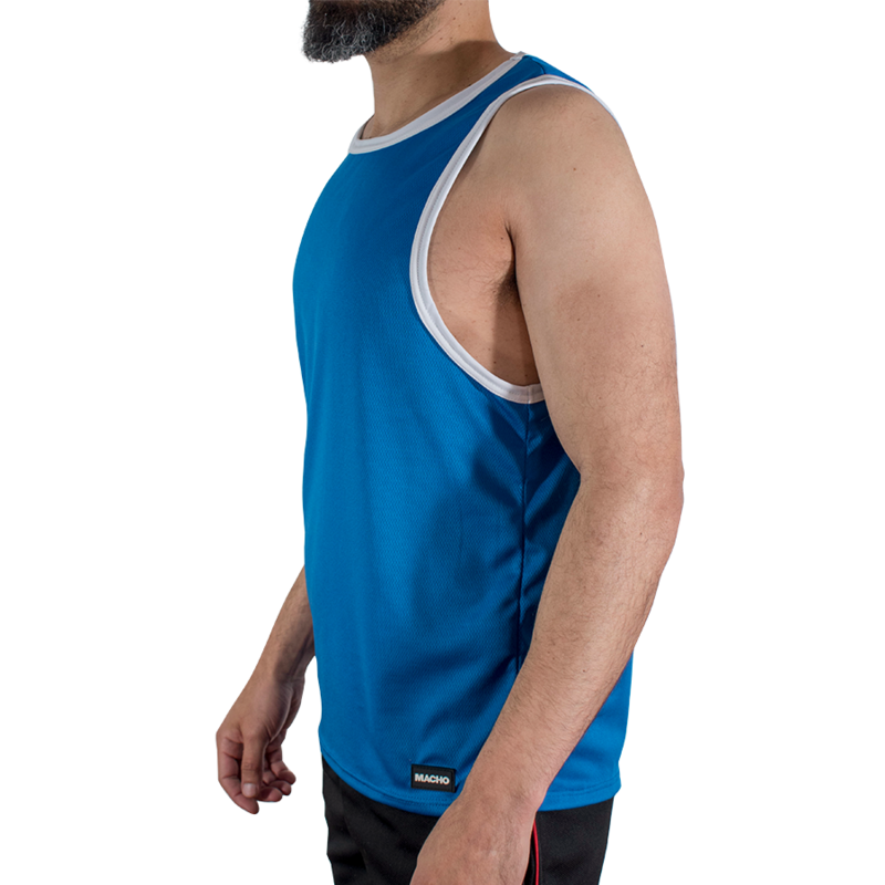 Side view of a man wearing a blue sleeveless athletic jersey with white trim around the neck and armholes.