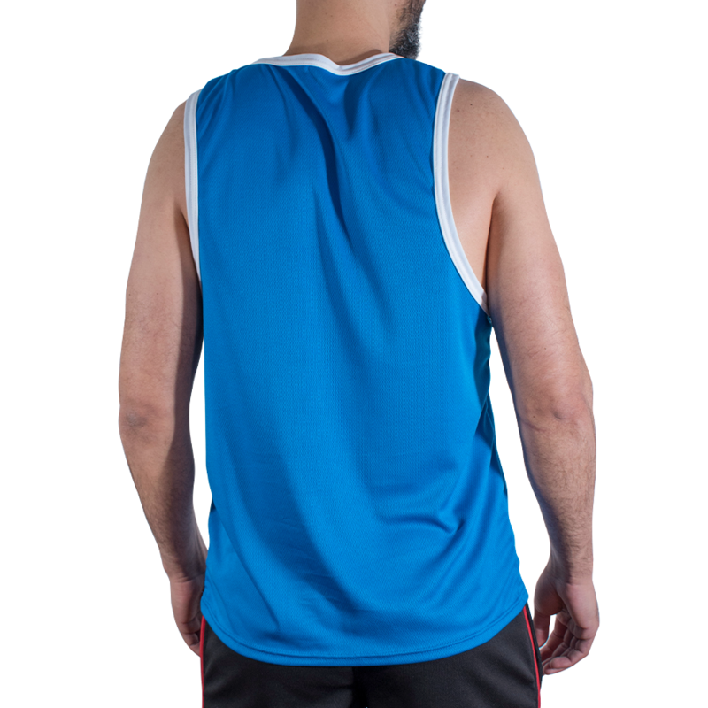 img_224826_5d59e9fdbd2c82e360377b3f81a8ba0f_1png - Sex Shop | Lodia.gr - 100% Διακριτική Και Παράδοση με courier της επιλογή σας Back view of a person wearing a bright blue sleeveless athletic jersey with white trim at the armholes and neckline.