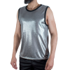 Man wearing a silver metallic sleeveless shirt with black trim, standing against a white background.