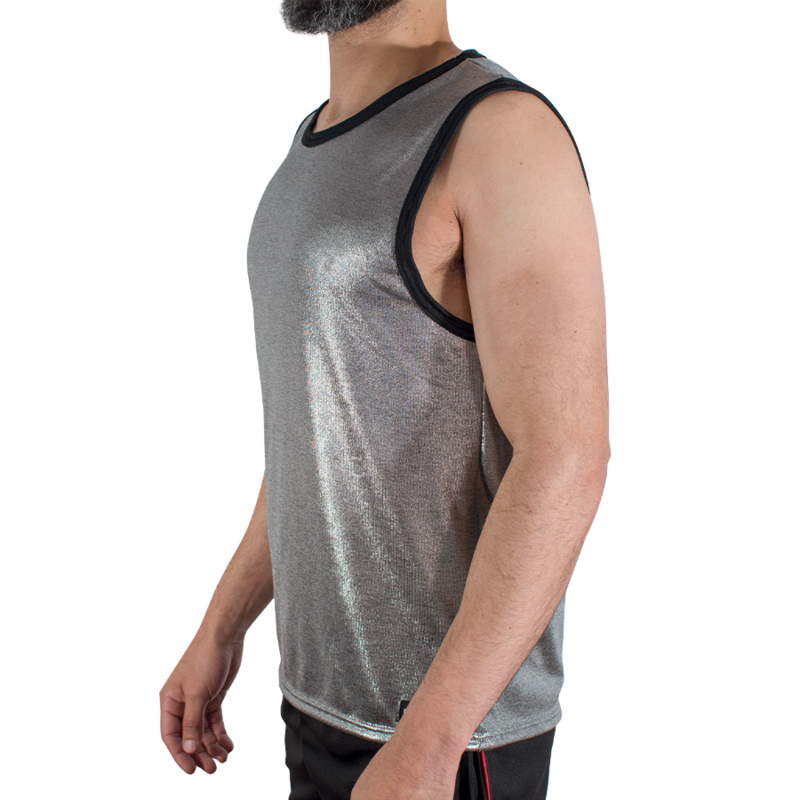 Side view of a man wearing a metallic silver sleeveless athletic tank top with black trim on the neckline and armholes.