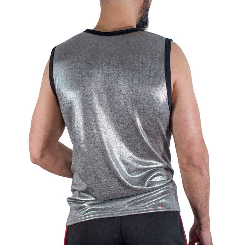 img_224829_09f29bff70e71aef7c237bf1c5ab58ca_1png - Sex Shop | Lodia.gr - 100% Διακριτική Και Παράδοση με courier της επιλογή σας Back view of a man wearing a metallic silver sleeveless athletic shirt with black trim.