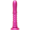 Pink ribbed silicone vibrator standing upright with a rounded tip and a wide base (sex toy)
