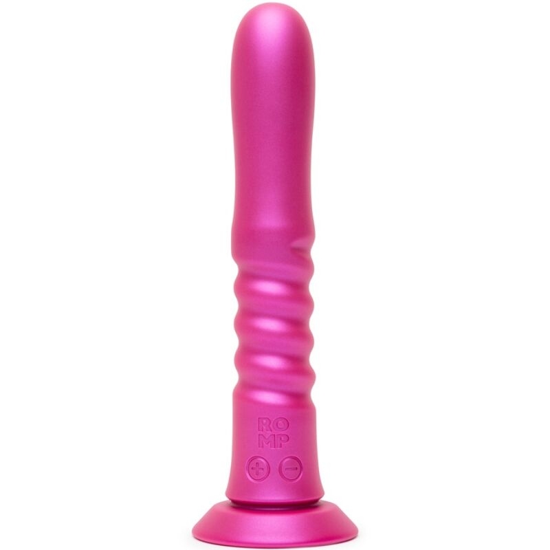 Pink ribbed silicone vibrator standing upright with a rounded tip and a wide base (sex toy)