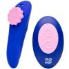 Blue wireless remote control and a matching blue vibrator with pink control pad and knob Zoomed-in shot of a couple's toy set.