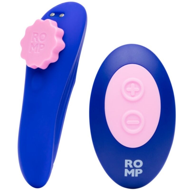 Blue wireless remote control and a matching blue vibrator with pink control pad and knob Zoomed-in shot of a couple's toy set.