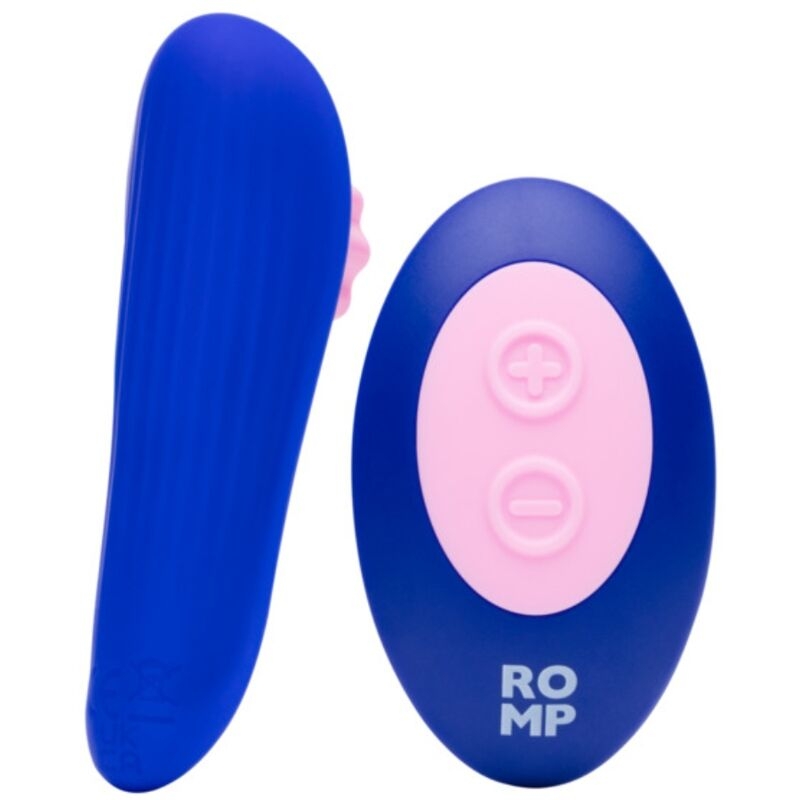 Blue silicone sex toy with a pink remote control featuring plus and minus buttons