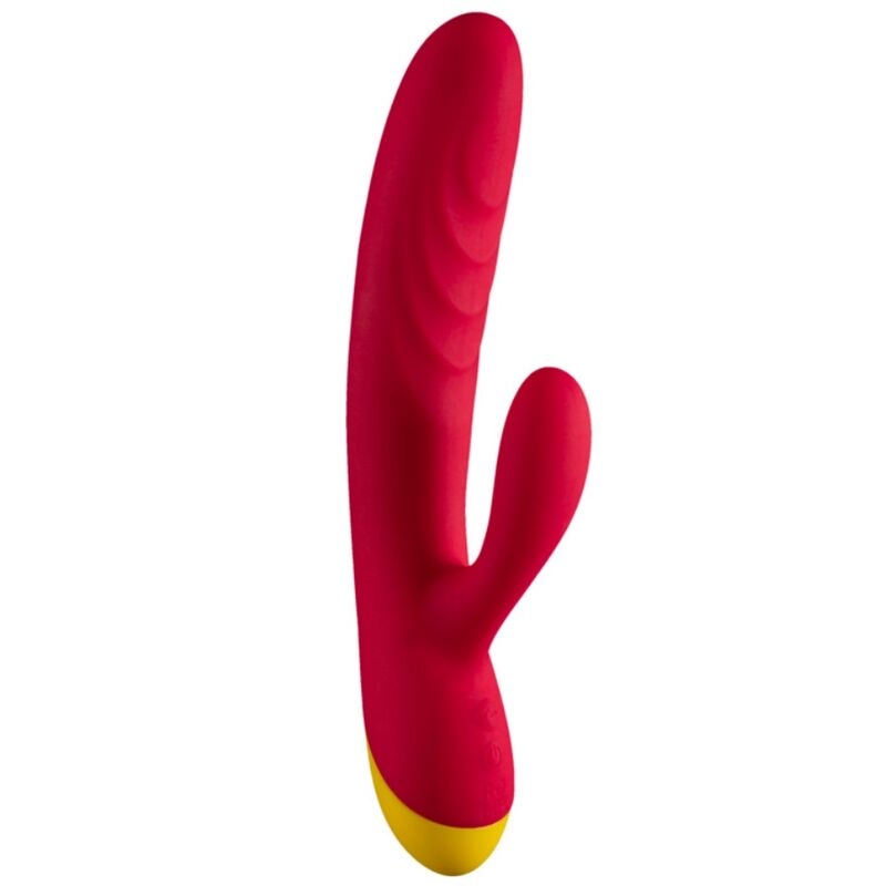 Pink silicone vibrator with a curved shaft and yellow base, designed for personal use (sex toy).
