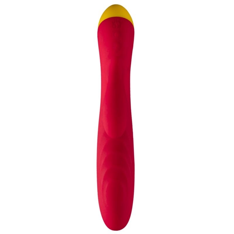 Pink vibrator with a yellow tip, bright pink silicone, curved ergonomic design.