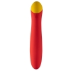 Red silicone vibrator with a yellow rounded tip interface and ergonomic handle, shown against a white background.