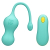 Turquoise silicone wearable dual-ended vibrator with a curved shaft and a separate remote control.