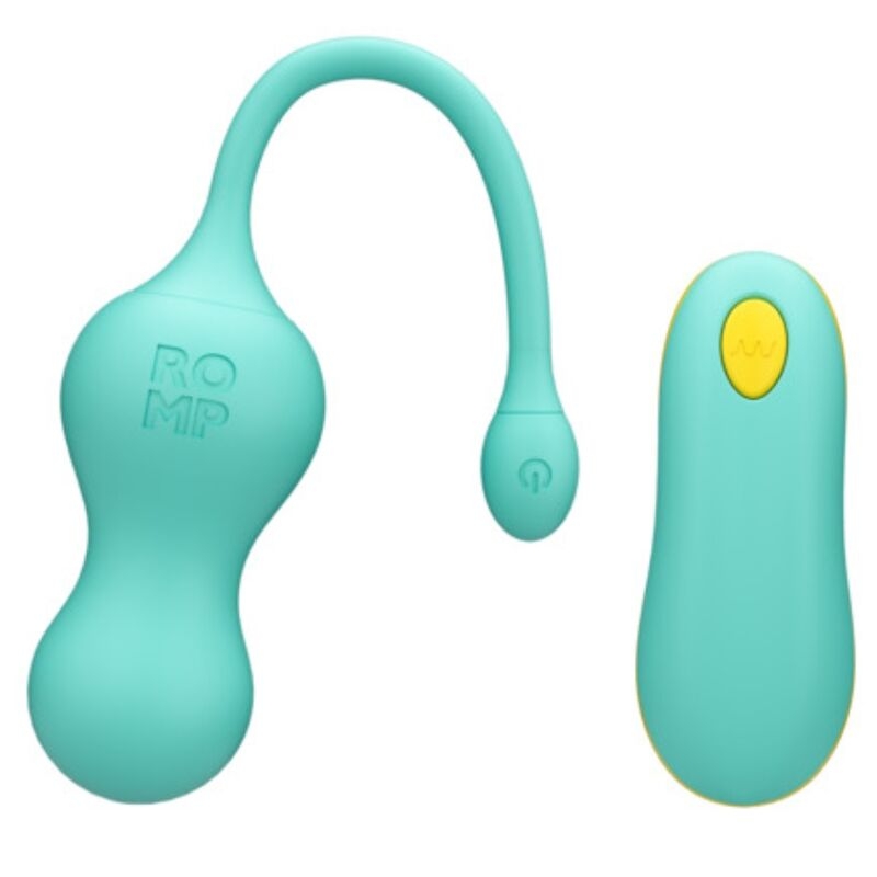 Turquoise silicone wearable dual-ended vibrator with a curved shaft and a separate remote control.