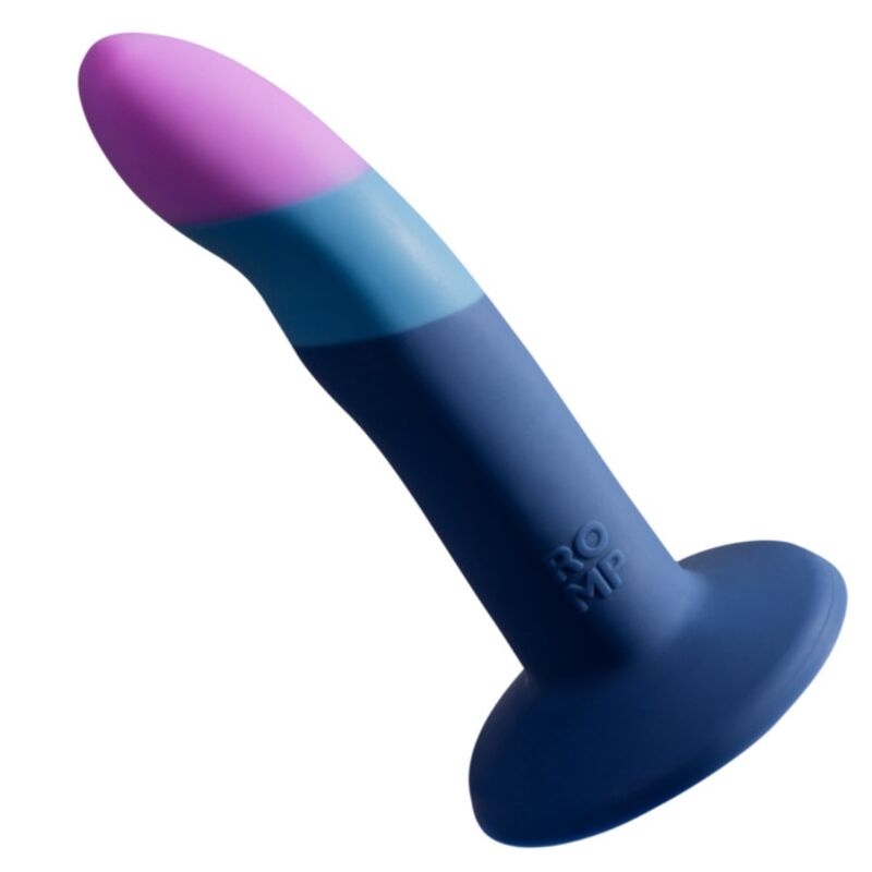 Gradient-colored silicone dildo with a flared suction-base, featuring pink to blue color transition.