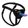 Black adjustable strap-on harness with a blue-to-pink silicone dildo attached.