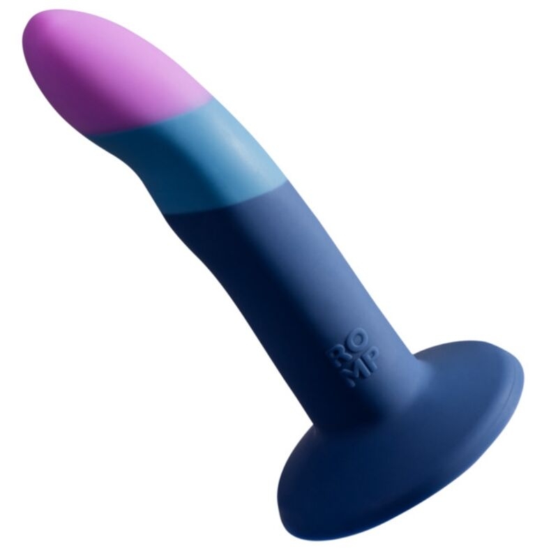 Blue silicone dildo with a pink-to-purple gradient tip and a suction-base, designed as an adult sex toy.