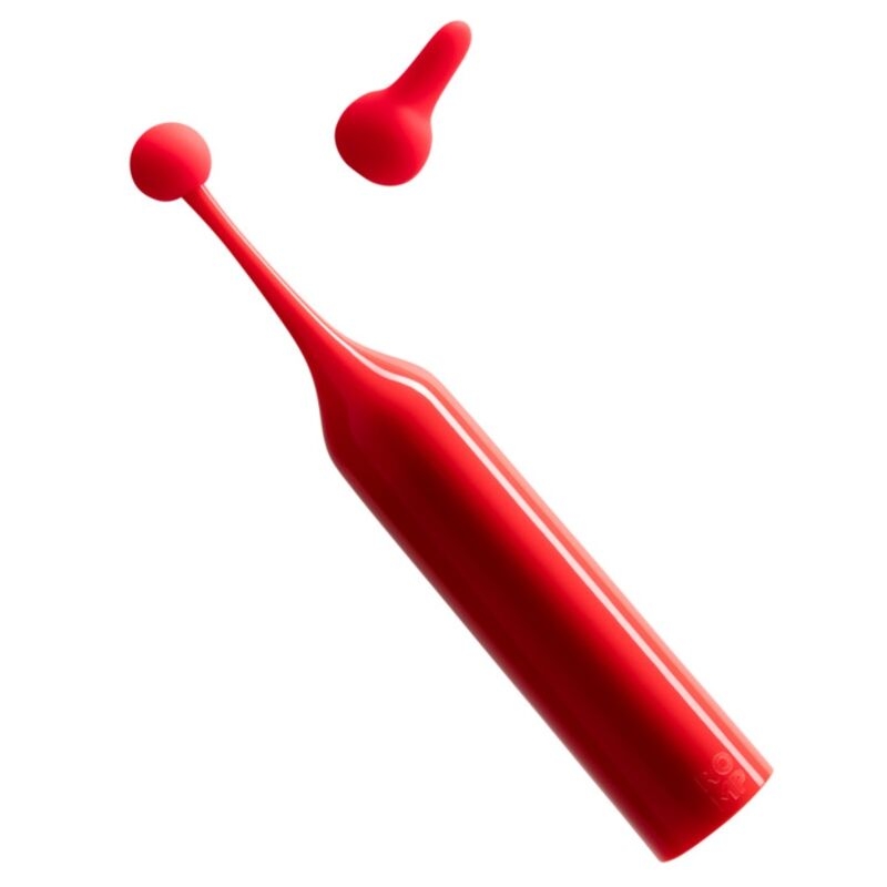 Red plastic squeeze bulb with a long nozzle and a separate cap-like piece, isolated on a white background.
