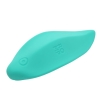 Teal ergonomic silicone handheld device with a rounded tip and a small circular control button.