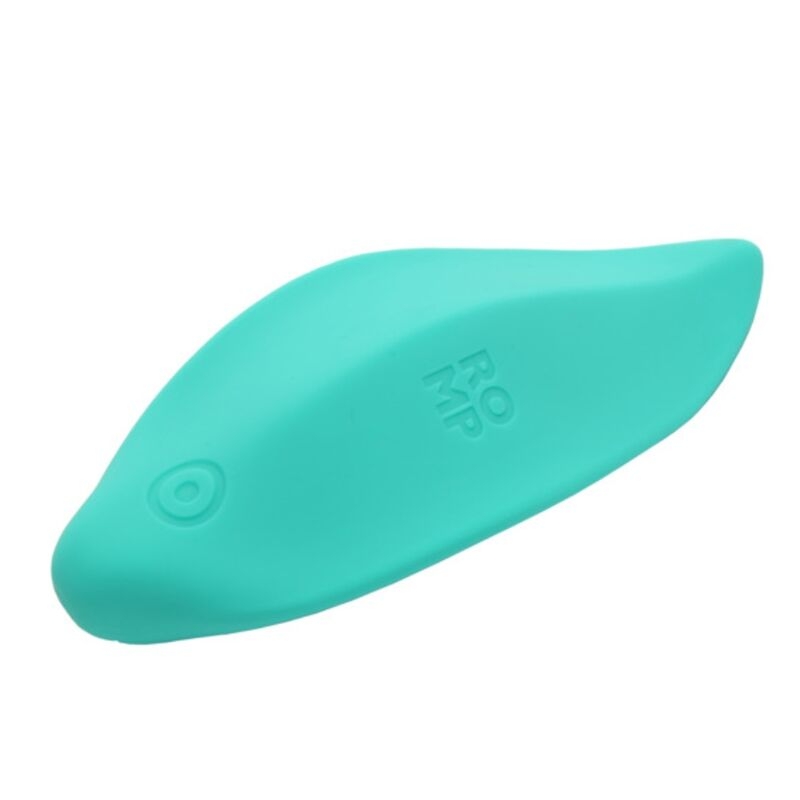 Teal ergonomic silicone handheld device with a rounded tip and a small circular control button.