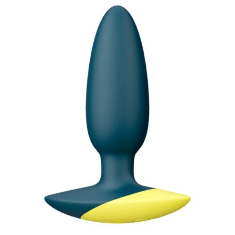 Blue silicone butt plug with a flared yellow-toned base.